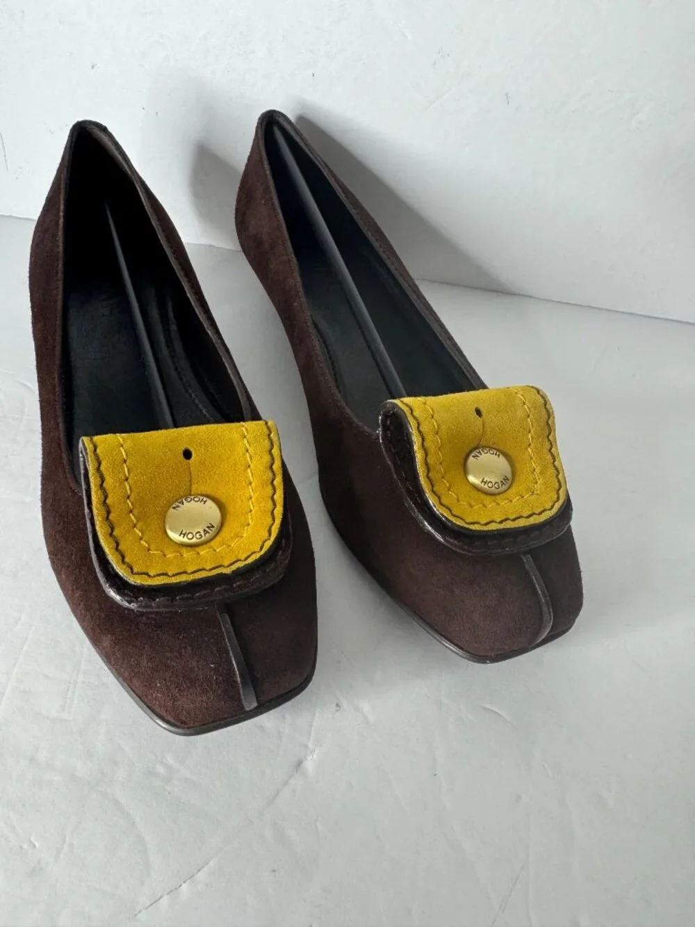 Hogan Tacco 20 Decollete Brown Suede Ballerina Pumps Yellow Accent EU 37 NIB